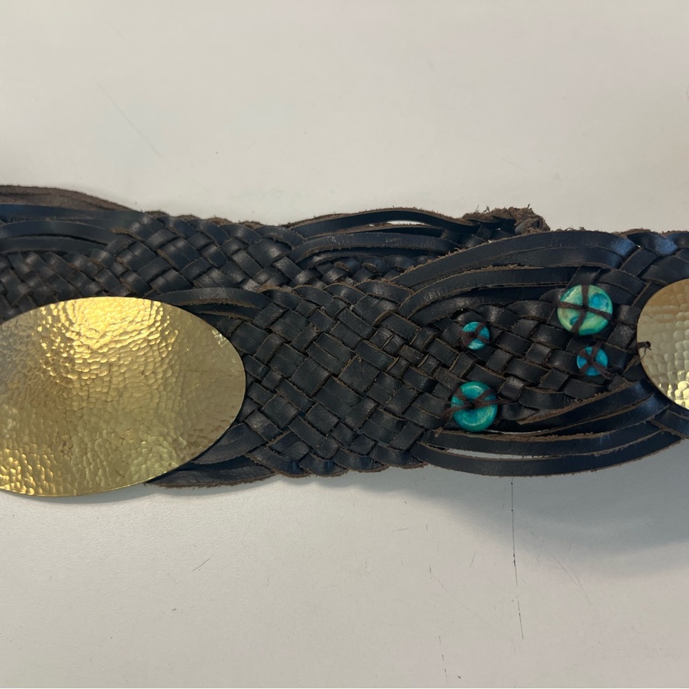Brown Woven Leather Weave Belt with Gold Buckle. Turquoise beads. Med/Large.